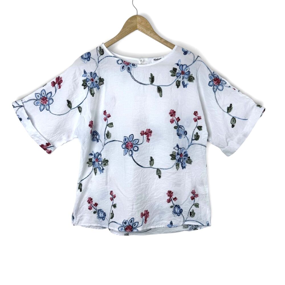 Kindred Anthropologie White Embroidered Womens Peasant Blouse Floral Large